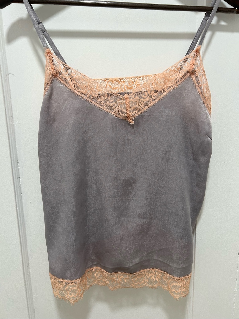 Urban outfitters Gray Satin Lace Trim Cami with Peach Lace Accents Size S